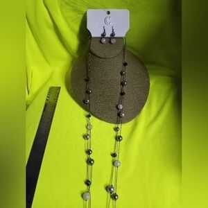 Long charming Charlie purple grey beaded chain necklace Earring set
